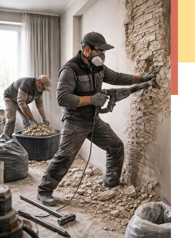 Демонтаж декоративного камня в Ирбите от 1594 руб/м² — быстро и недорого | ОТДЕЛОЧНИК-Рбт