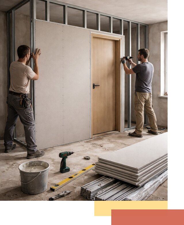 Перегородка из гипсокартона с дверью под ключ в Ирбите