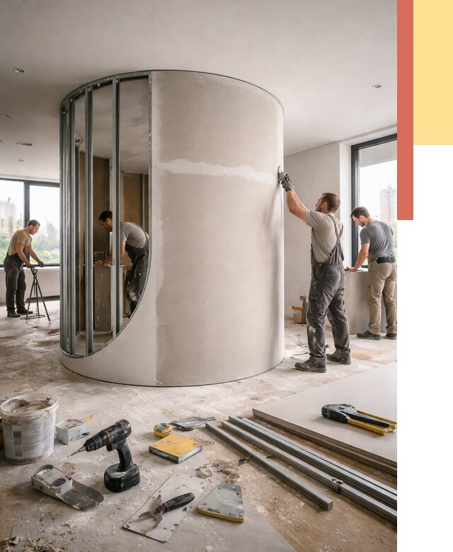 Радиусная перегородка из гипсокартона в Ирбите от 3188 руб. под ключ | ОТДЕЛОЧНИК-Рбт