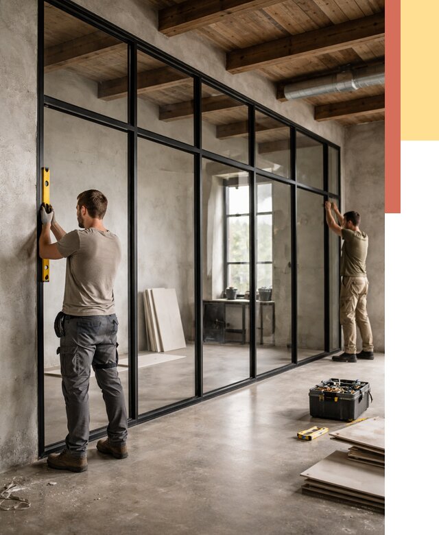 Стеклянные перегородки лофт в Ирбите от 11543 руб. под ключ | ОТДЕЛОЧНИК-Рбт