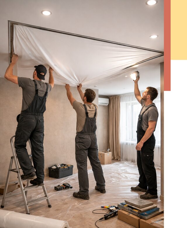 Монтаж ПВХ натяжного потолка в Ирбите от 3848 руб. под ключ | ОТДЕЛОЧНИК-Рбт