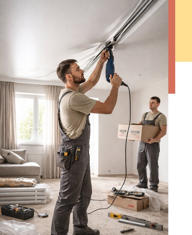 Монтаж сатинового натяжного потолка в Ирбите от 3848 руб. | Быстро, недорого — ОТДЕЛОЧНИК-Рбт