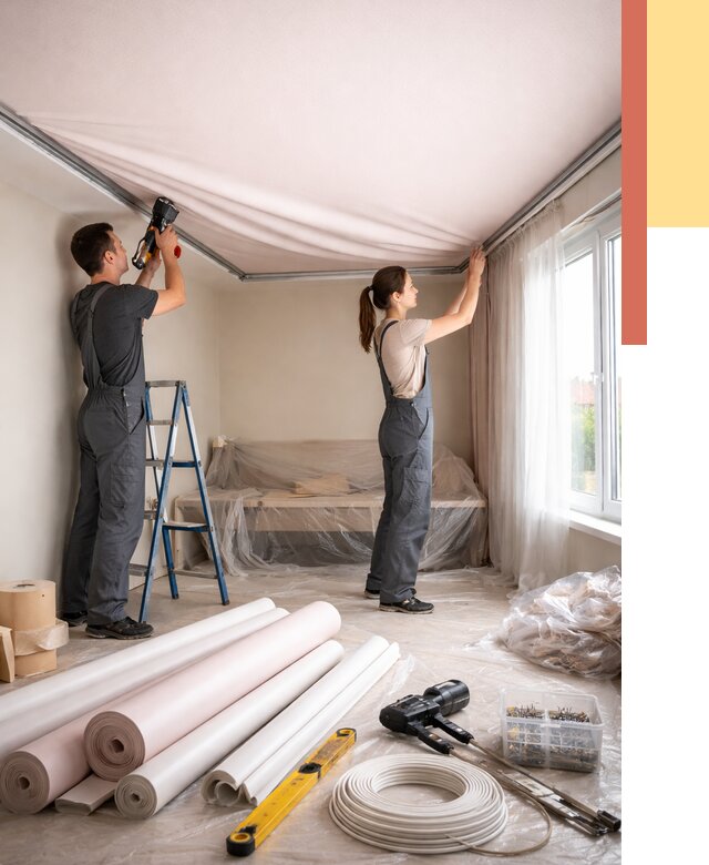 Монтаж цветного натяжного потолка в Ирбите от 4617 руб/м² — быстро и недорого | ОТДЕЛОЧНИК-Рбт