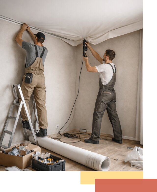 Монтаж цветного натяжного потолка в Ирбите за один день