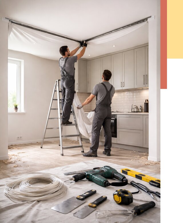 Установка натяжного потолка на кухне в Ирбите от 2638 руб. | ОТДЕЛОЧНИК-Рбт