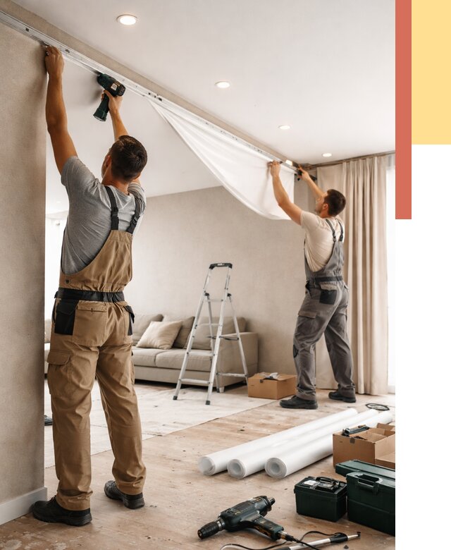 Монтаж натяжного потолка в гостиной в Ирбите от 605 руб. | ОТДЕЛОЧНИК-Рбт