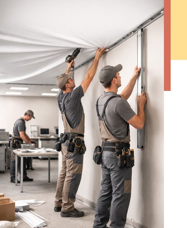 Монтаж натяжного потолка в офисе в Ирбите от 495 руб/м² — быстро и недорого | ОТДЕЛОЧНИК-Рбт