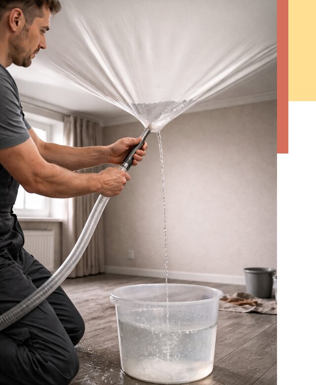 Слив воды с натяжного потолка в Ирбите от 2748 руб. быстро и недорого | ОТДЕЛОЧНИК-Рбт