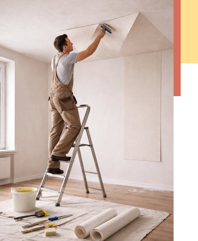 Поклейка обоев на потолок в Ирбите от 4947 руб. быстро и недорого | ОТДЕЛОЧНИК-Рбт